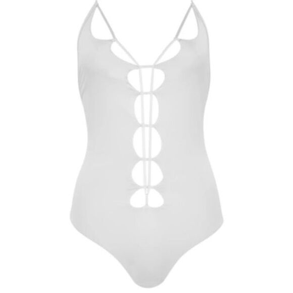 NWT Monica Hansen Beachwear Lace Up Halter Swimsuit One Piece White Small Cutout - Picture 4 of 9